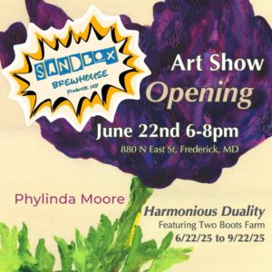 art show flyer featuring a purple flower
