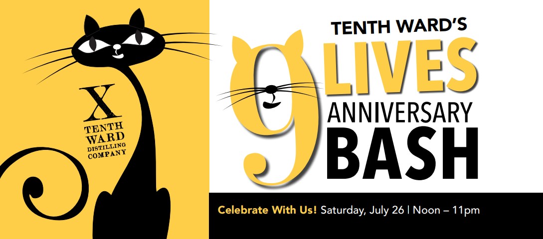flyer for anniversary party. Yellow and white with black cat