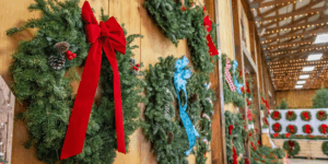 fresh wreaths hung on a wooden wall